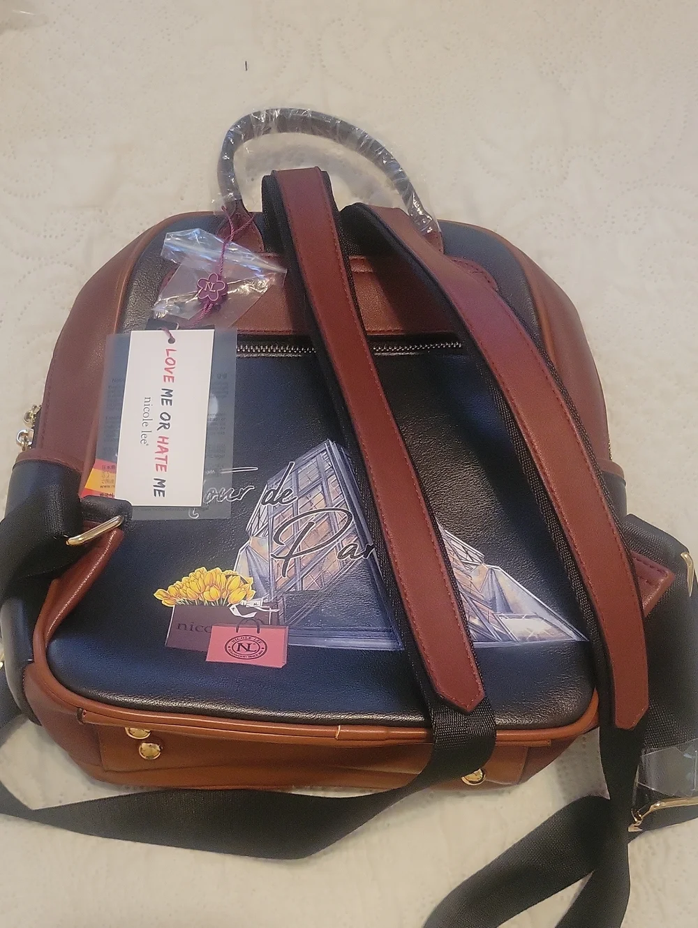 Y2K Nicole Lee Navy, Brown‎ & Black Paris-Themed Fashion Backpack NWT